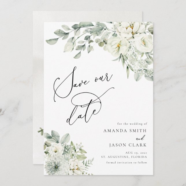 White Floral Elegant Greenery Boho Save The Date Invitation (Front/Back)
