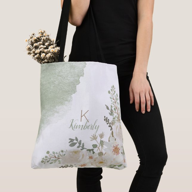 White Floral Elegant Initial Name Monogram Tote Bag (Close Up)