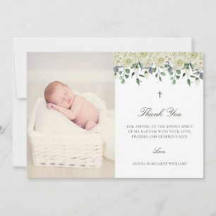 White Floral Elegant Photo Baptism Thank You Card