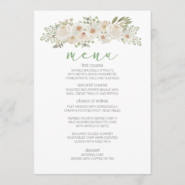 White Floral Elegant Romantic Wedding Menu (Front)