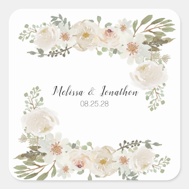 White Floral Elegant Romantic Wedding  Square Sticker (Front)