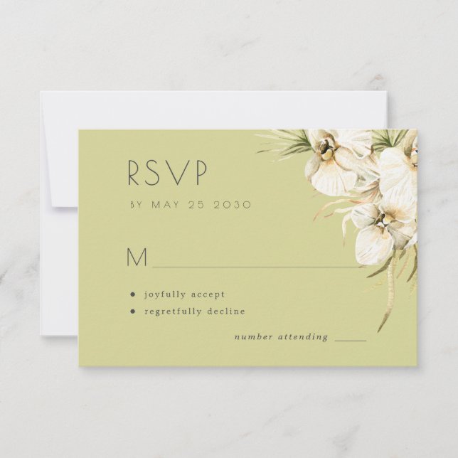 White floral elegant sage wedding RSVP card (Front)