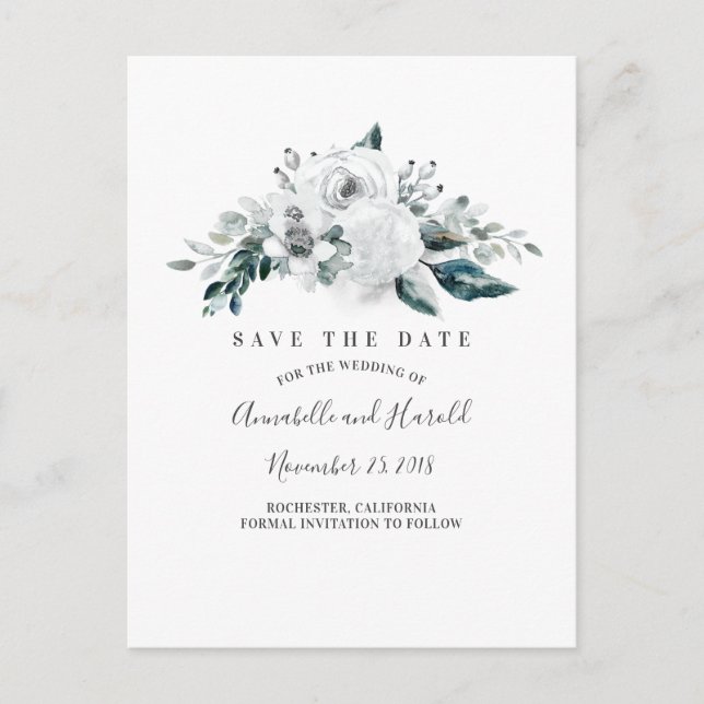 White Floral Elegant Save the Date Announcement Postcard (Front)