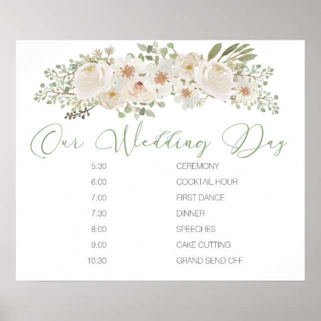 White Floral Elegant Wedding Schedule Sign (Front)