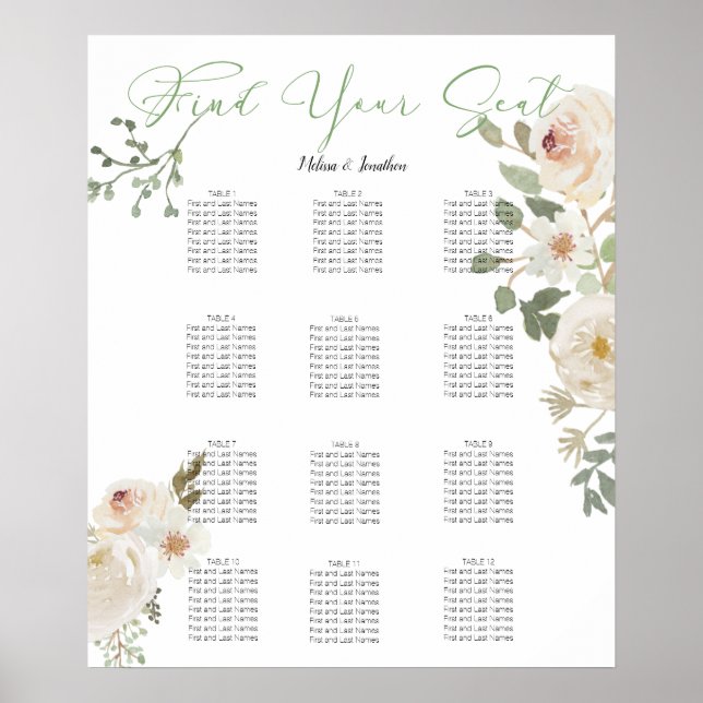 White Floral Elegant Wedding Seating Chart (Front)