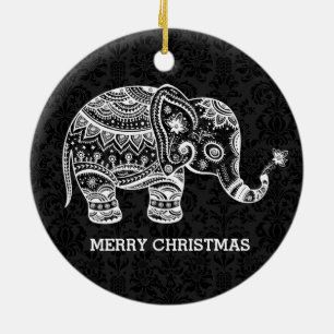 White Floral Elephant On Black Damasks Ceramic Ornament