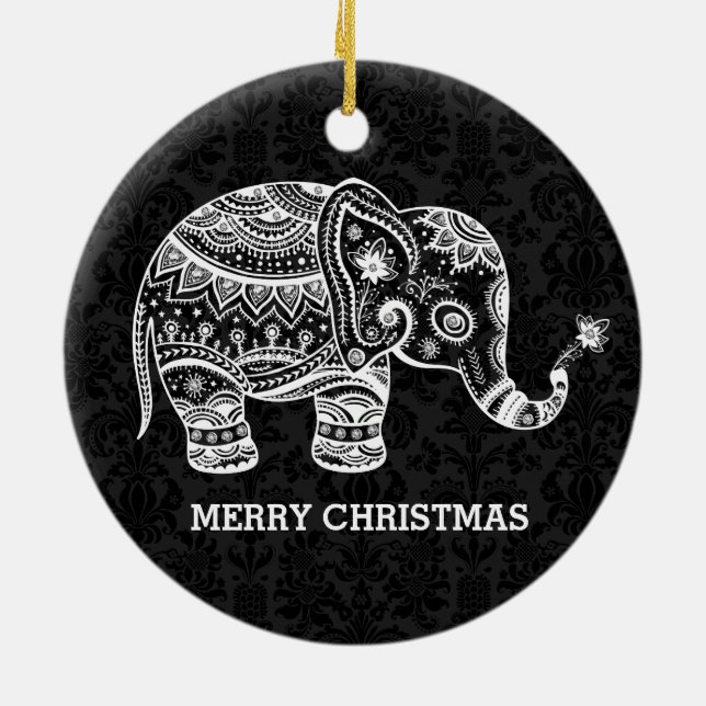 White Floral Elephant On Black Damasks Ceramic Ornament (Back)