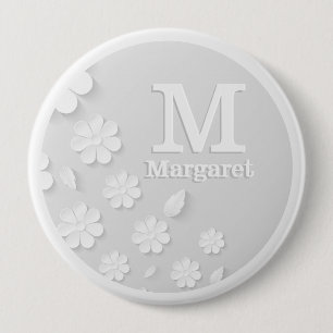 White floral embossed name initials personalised 10 cm round badge