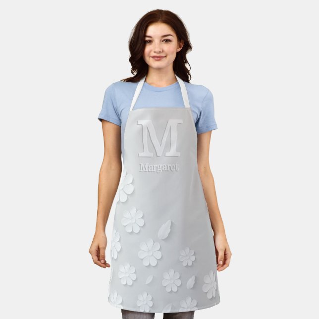 White floral embossed name initials personalised   apron (Worn)
