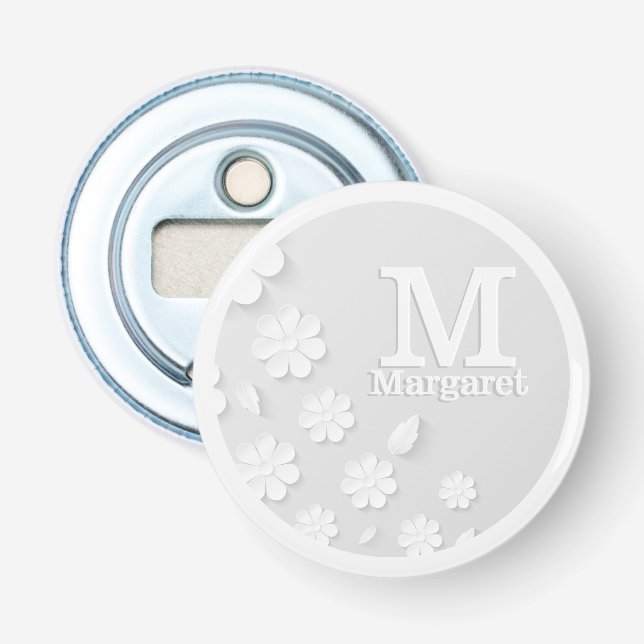 White floral embossed name initials personalised bottle opener (Front)