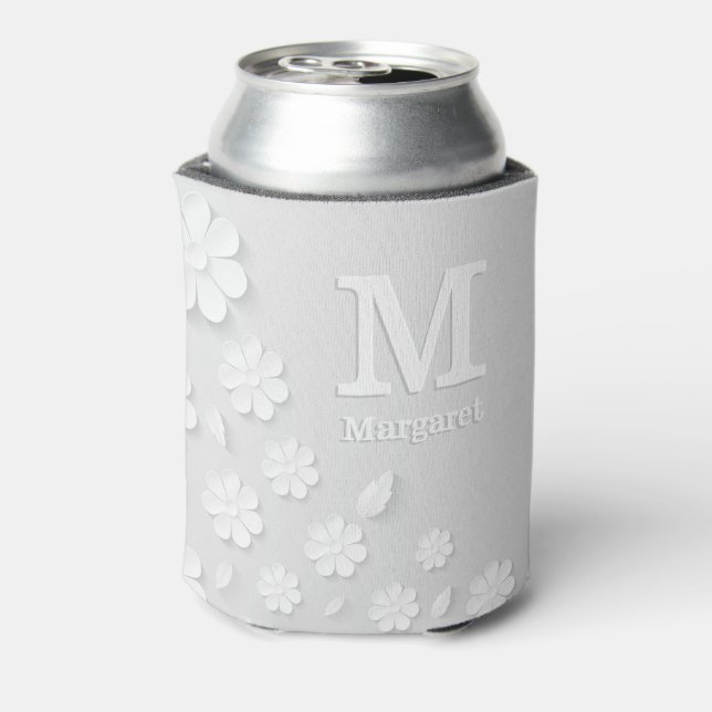White floral embossed name initials personalised  can cooler (Can Back)