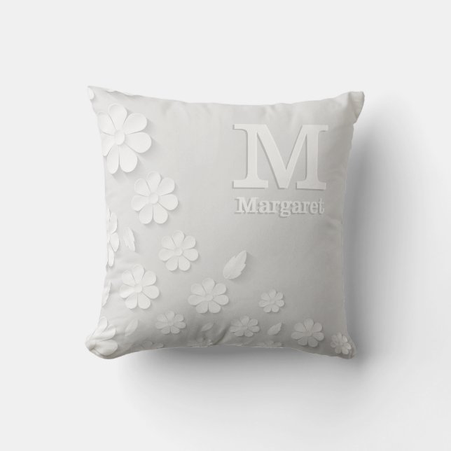 White floral embossed name initials personalised   cushion (Front)