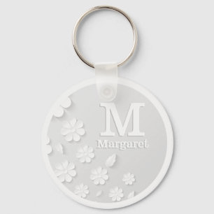 White floral embossed name initials personalised key ring