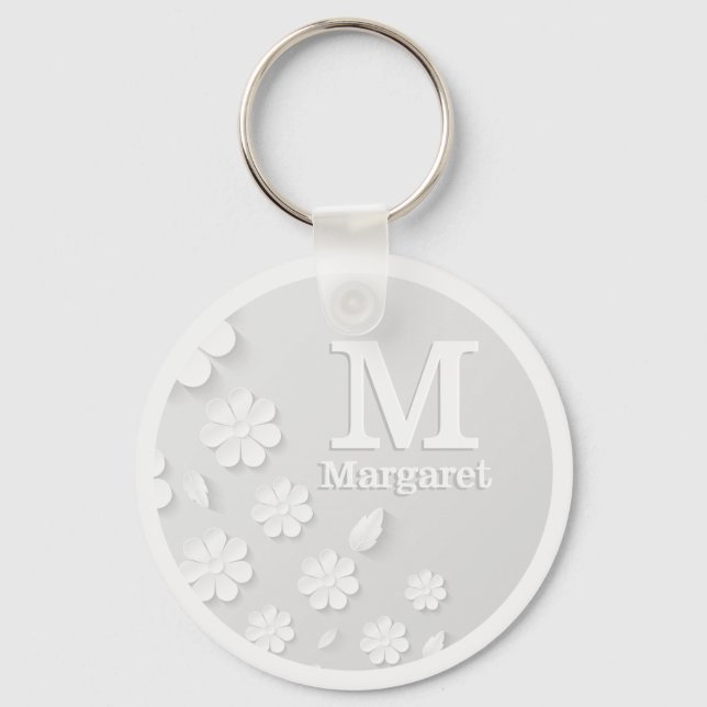 White floral embossed name initials personalised  key ring (Front)