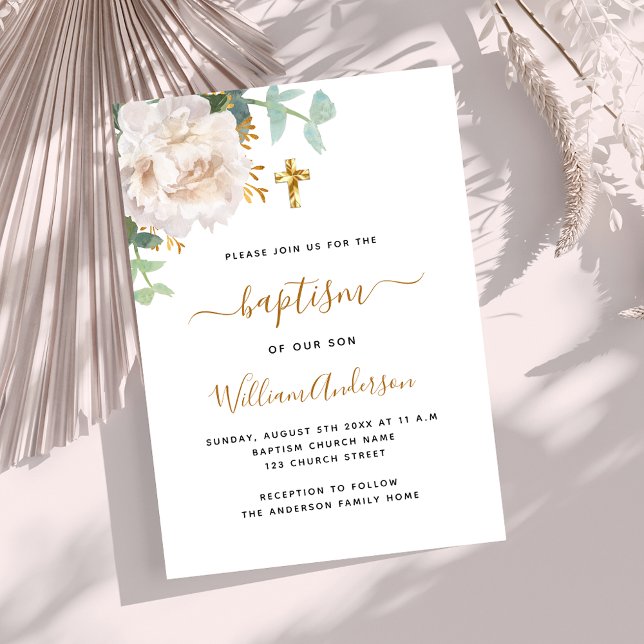 White floral eucalyptus greenery cross baptism invitation (Creator Uploaded)