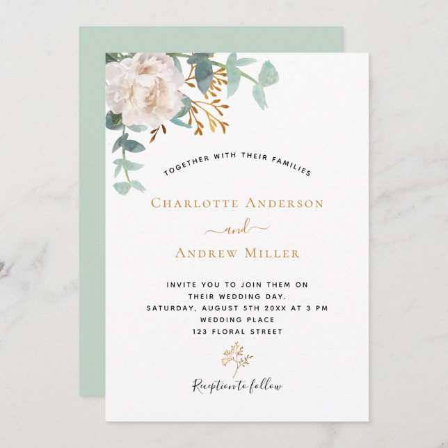 White floral Eucalyptus greenery modern wedding Invitation (Front/Back)