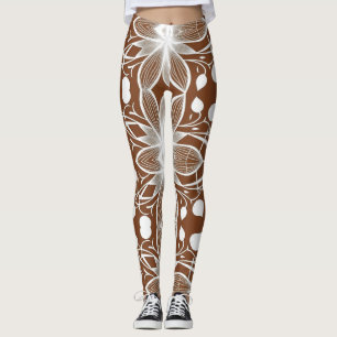 White Floral fabric pattern on Rich Brown Leggings