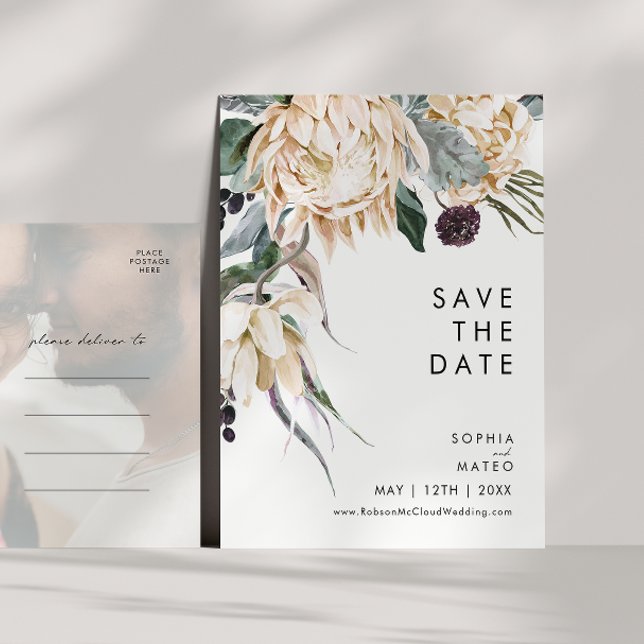 White Floral Faded Photo Save The Date Postcard (Creator Uploaded)