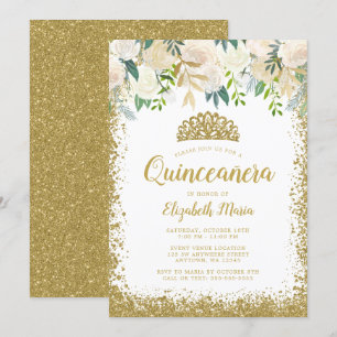 White Floral Faux Gold Glitter Tiara Quinceanera Invitation