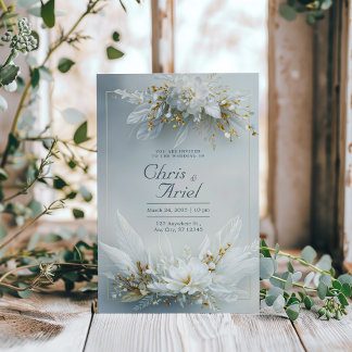 White Floral Feather Gold Frame Elegant Wedding Invitation