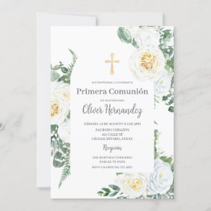 White Floral first communion Spanish Invitation