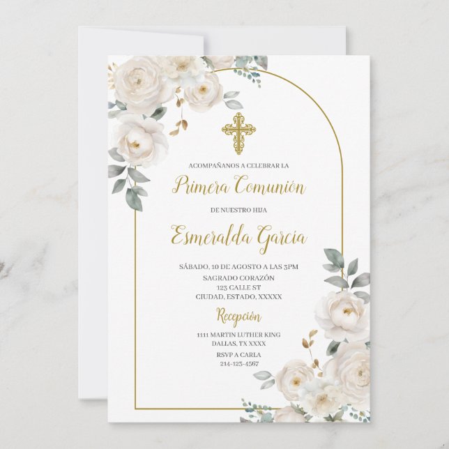 White floral first comunion Invitation (Front)