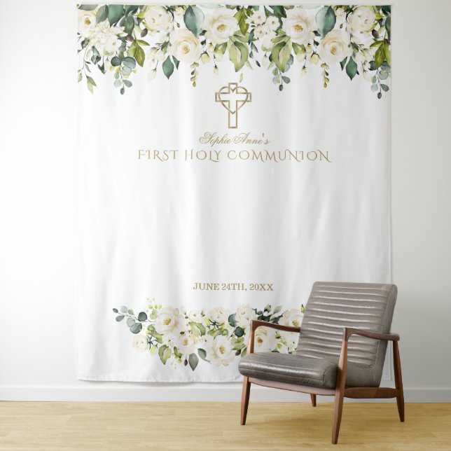 White Floral First Holy Communion Backdrop Tapestry (In Situ)