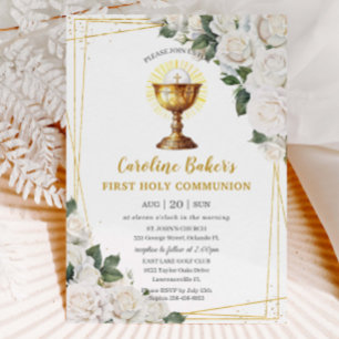 White Floral First Holy Communion Gold Chalice Invitation