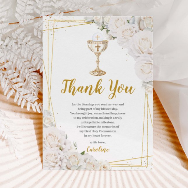 White Floral First Holy Communion Gold Chalice Thank You Card (Creator Uploaded)