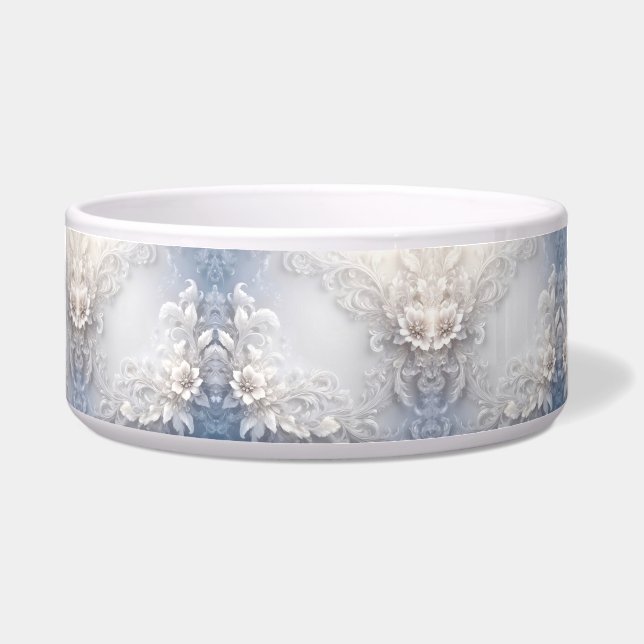 White Floral Flourish Ceramic Pet Bowl (Front)
