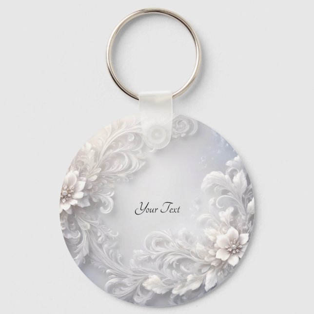 White Floral Flourish Keychain (Front)