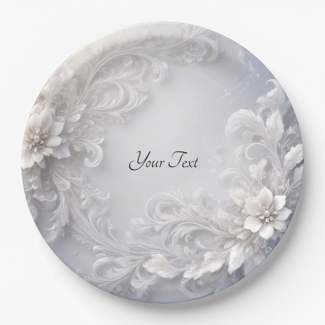 White Floral Flourish Paper Plate (Front)