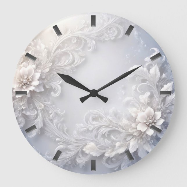 White Floral Flourish Wall Clock (Front)