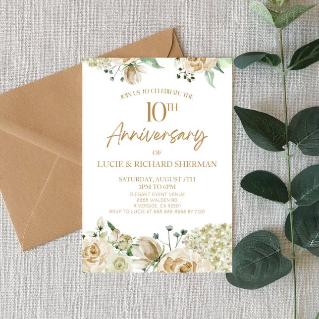 White Floral Flower 10th Tenth Wedding Anniversary Invitation (Creator Uploaded)