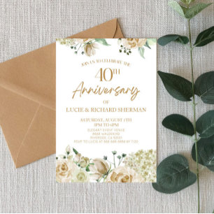 White Floral Flower 40th Wedding Anniversary Invitation