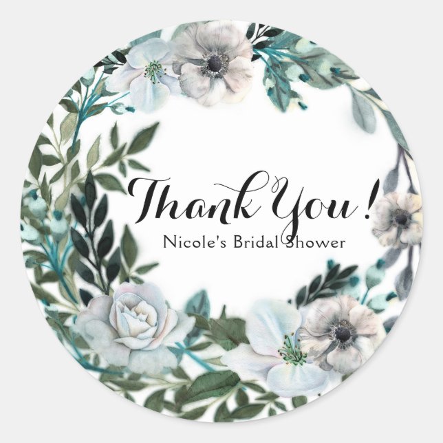 White Floral Flowers Botanical Greenery Wreath Classic Round Sticker (Front)