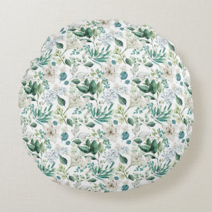 White Floral Flowers Greenery Eucalyptus Elegant Round Cushion