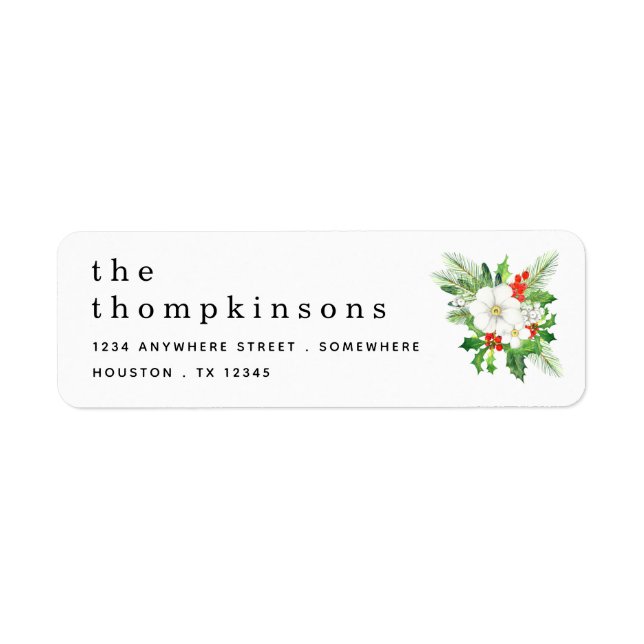 White Floral Foliage Name Return Address Christmas Label (Front)