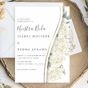 White Floral Foliage Nuestra Boda Spanish Wedding Invitation