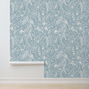 White Floral Foliage on Blue Design Wallpaper