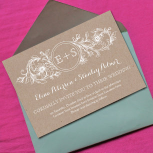 White floral frame, initials kraft paper wedding invitation