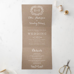 White floral frame with initials wedding Tri-Fold invitation