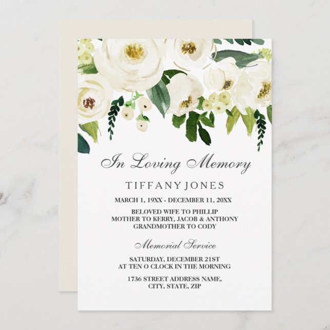 White Floral Funeral Memorial Service Announcement (Front/Back)