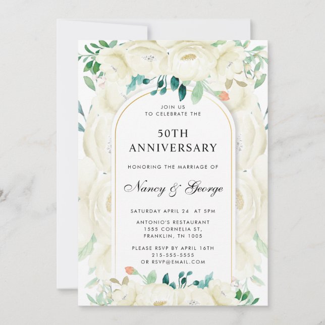 White Floral Garden 50th Wedding Anniversary Invitation (Front)