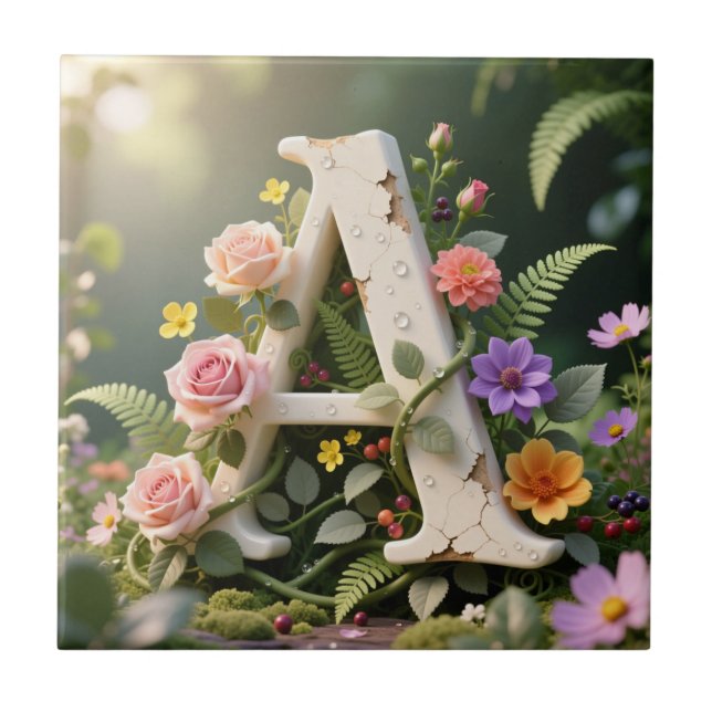 White Floral Garden Monogram Letter A Ceramic Tile (Front)