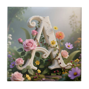 White Floral Garden Monogram Letter A Ceramic Tile