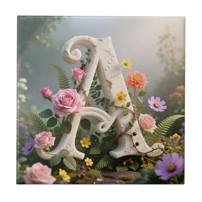White Floral Garden Monogram Letter A Ceramic Tile (Front)