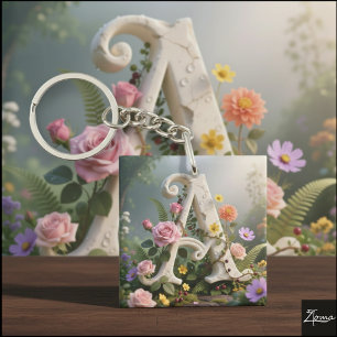 White Floral Garden Monogram Letter A Key Ring