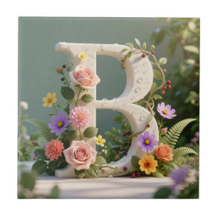 White Floral Garden Monogram Letter B Ceramic Tile