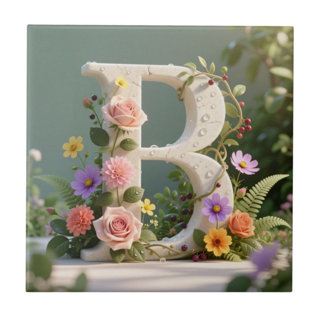 White Floral Garden Monogram Letter B Ceramic Tile (Front)